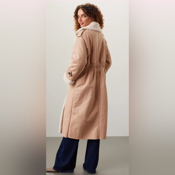 Great Jones Sherpa Lined Women's Tan Double-Breasted Faux Leather Coat - Picture 13 of 15